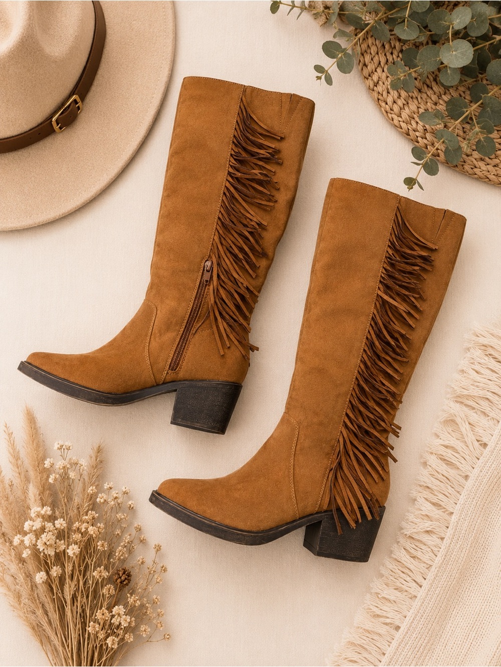 Fringe Cognac Tall Boots Women’s 8.5M Western Boho Block Heel Side Zip